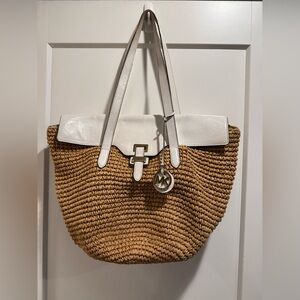 MICHAEL KORS‎ "Naomi" Straw Tote Bag Tan & White with Leather Trim